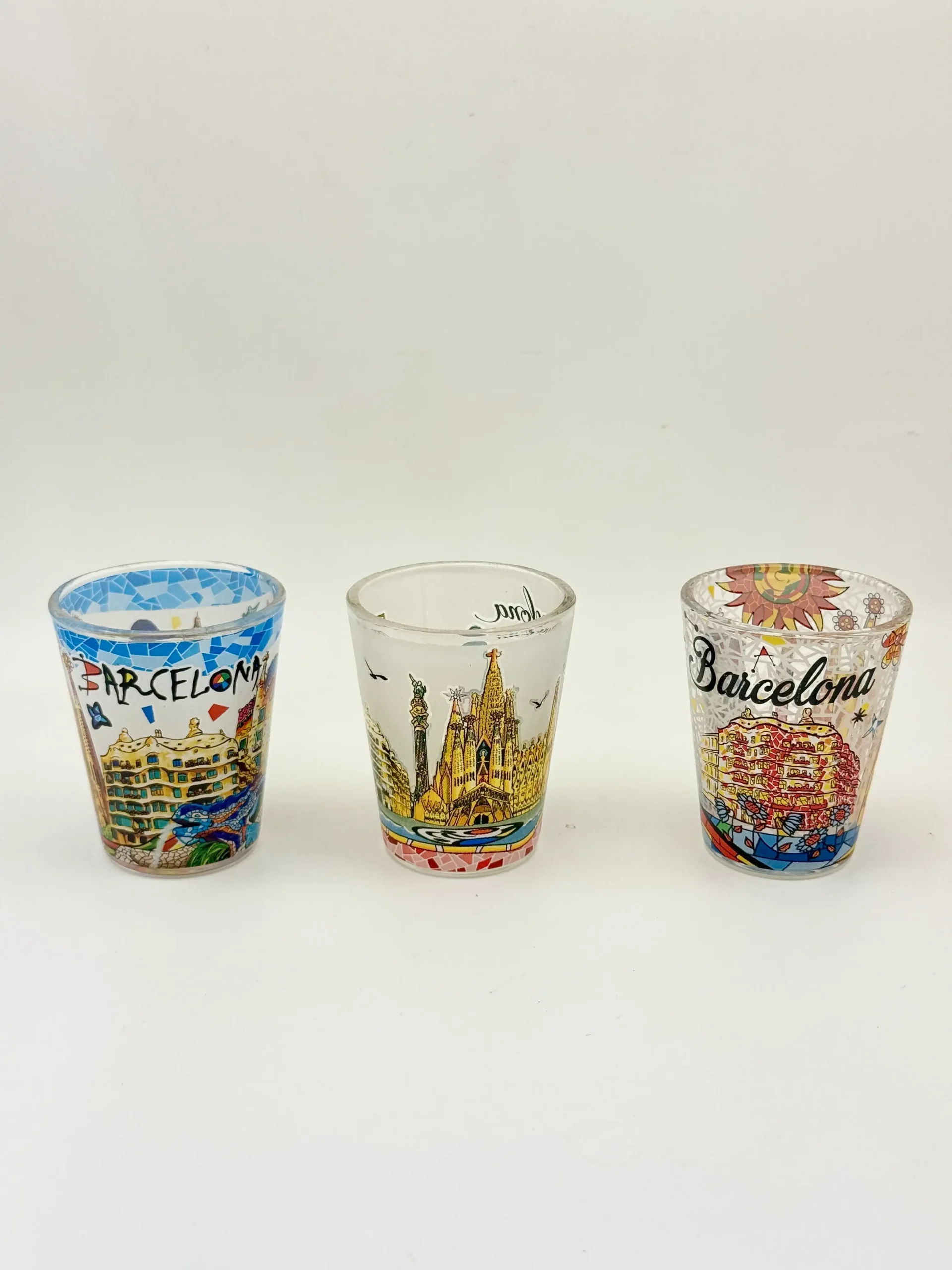 Barcelona city-themed printed glass cup set of three — decoration sample