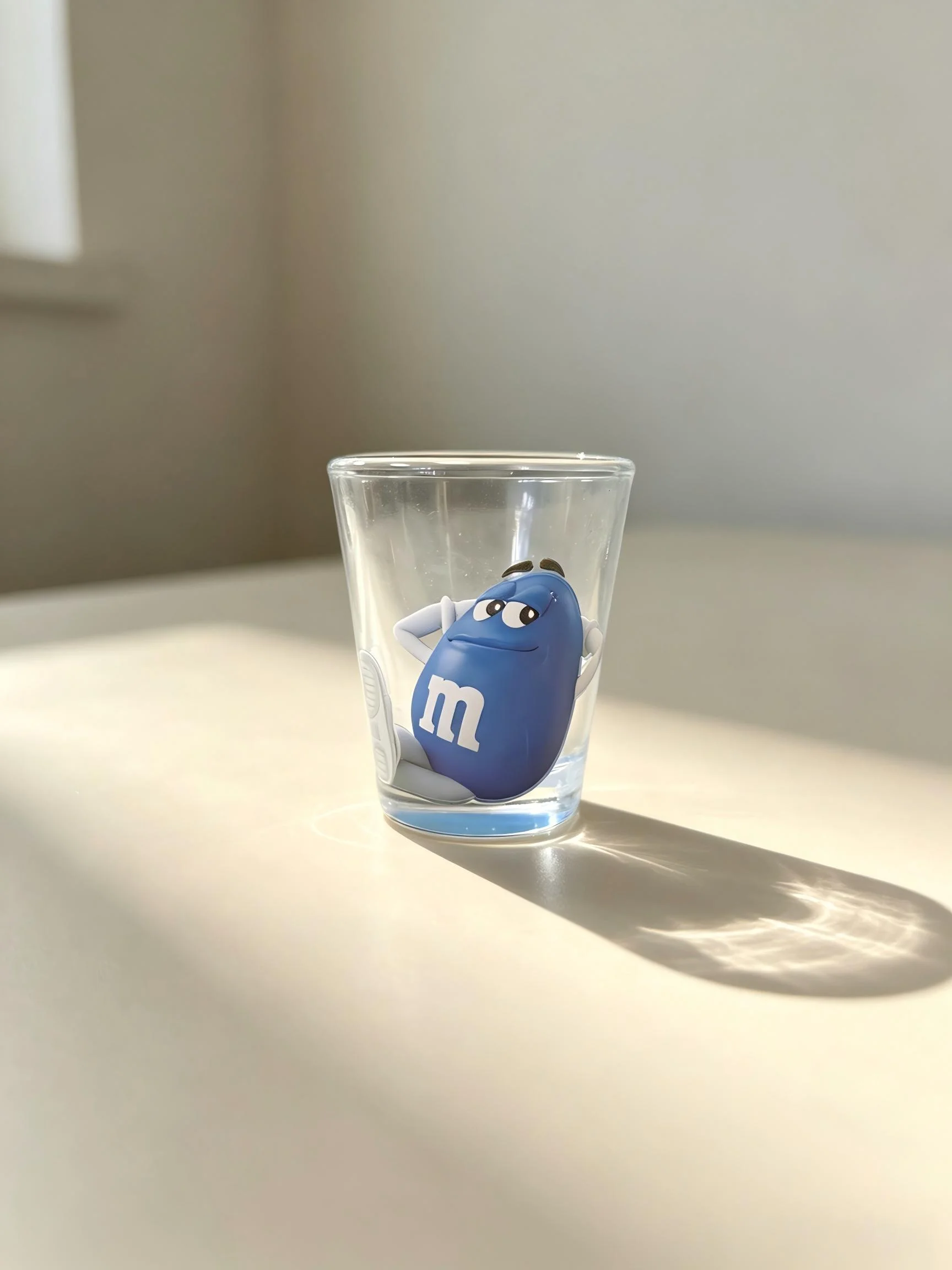 Clear glass cup with blue cartoon character artwork on the side